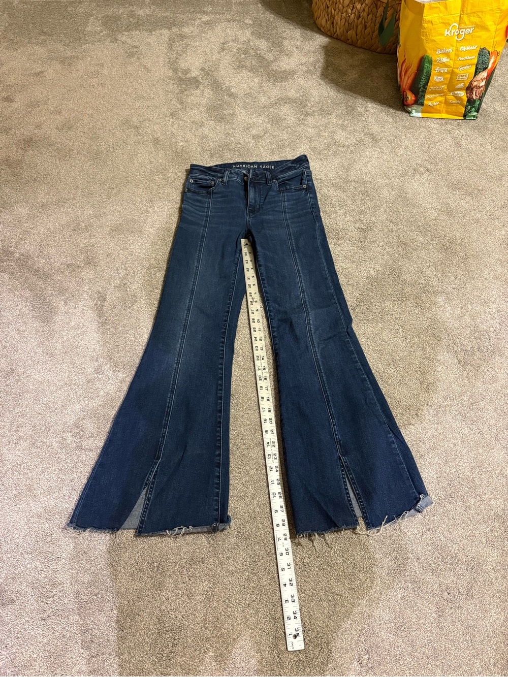 American Eagle Front Seam Split Flare Jeans Raw Hem Dark Wash Size 2 Regular